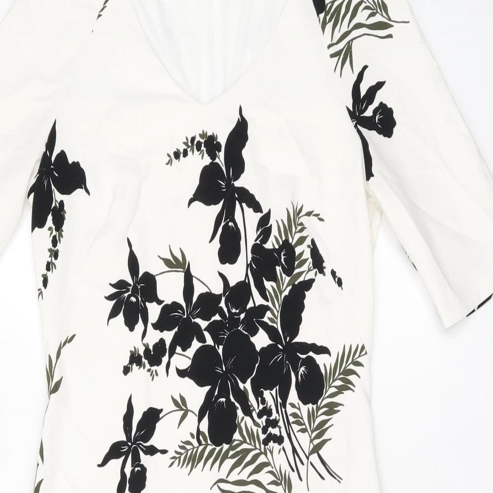 Marks and Spencer Womens White Floral Polyester Pencil Dress Size 10 V-Neck Zip
