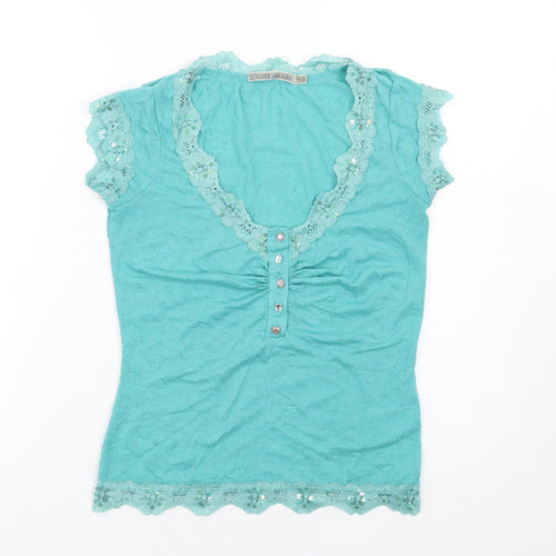 River Island Womens Green Polyester Basic T-Shirt Size 10 V-Neck - Beaded Sequin Lace Trim