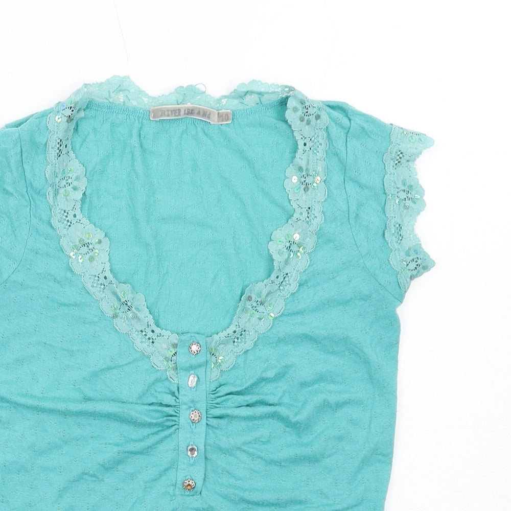 River Island Womens Green Polyester Basic T-Shirt Size 10 V-Neck - Beaded Sequin Lace Trim