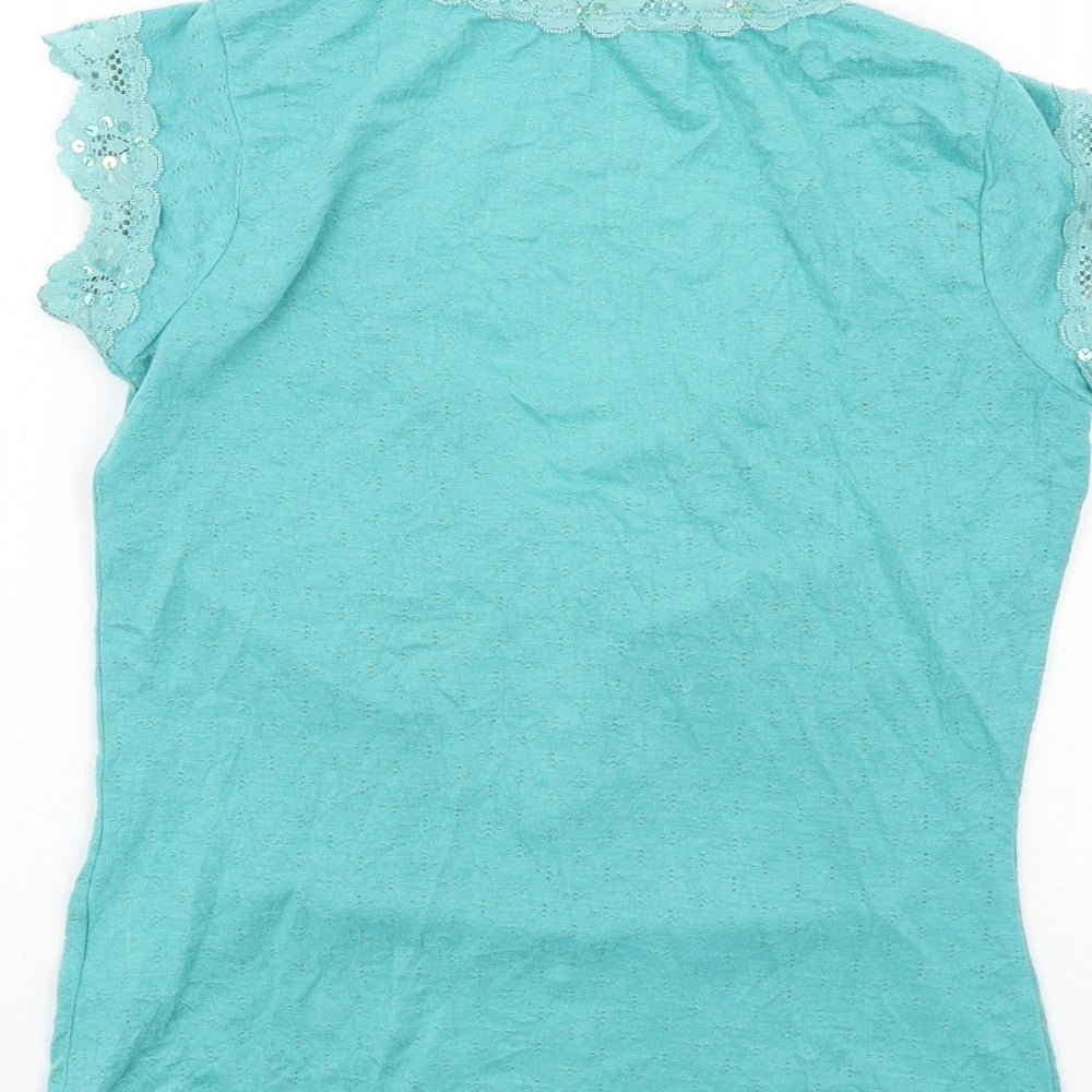 River Island Womens Green Polyester Basic T-Shirt Size 10 V-Neck - Beaded Sequin Lace Trim