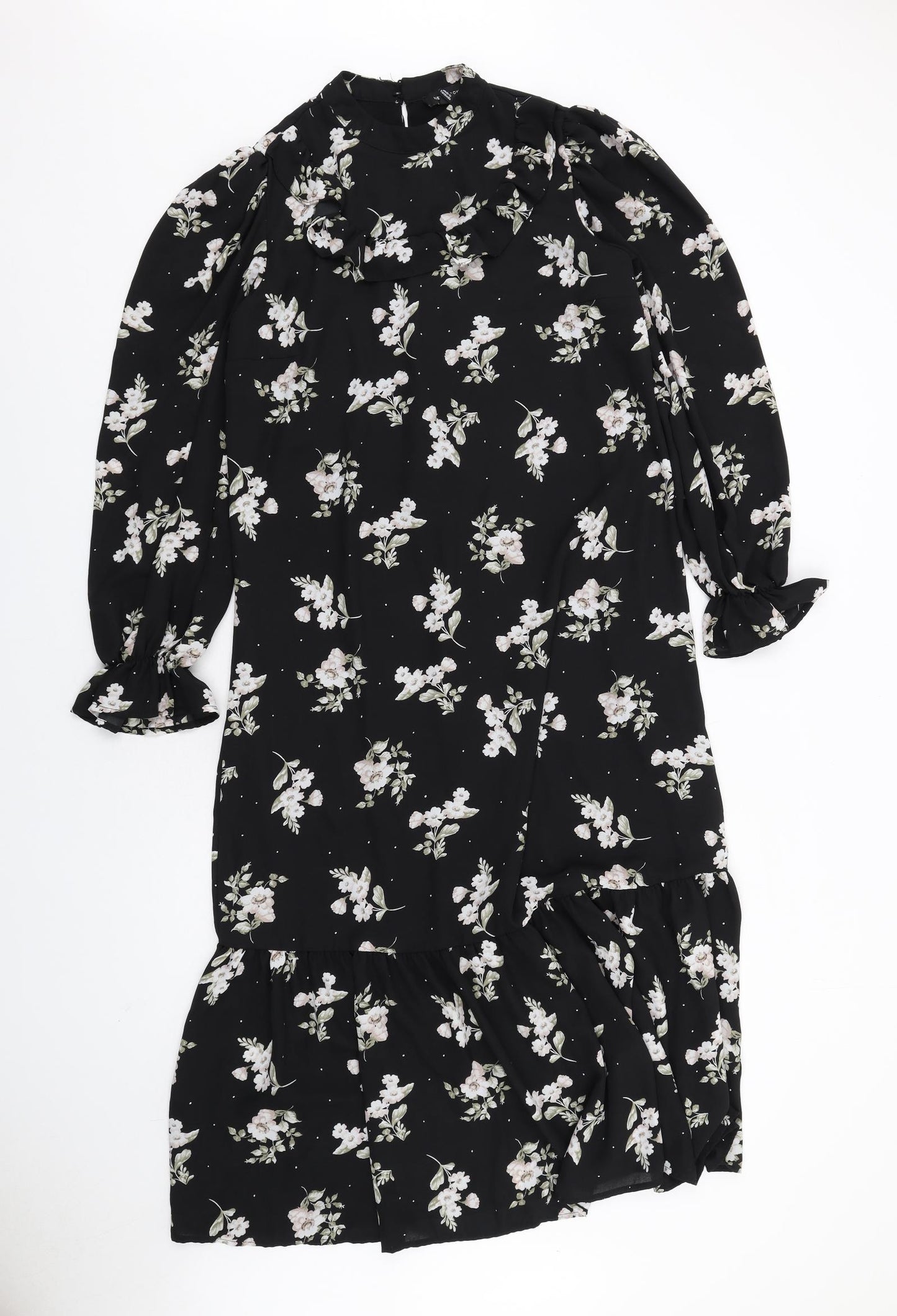 New Look Womens Black Floral Polyester A-Line Size 12 Mock Neck Button