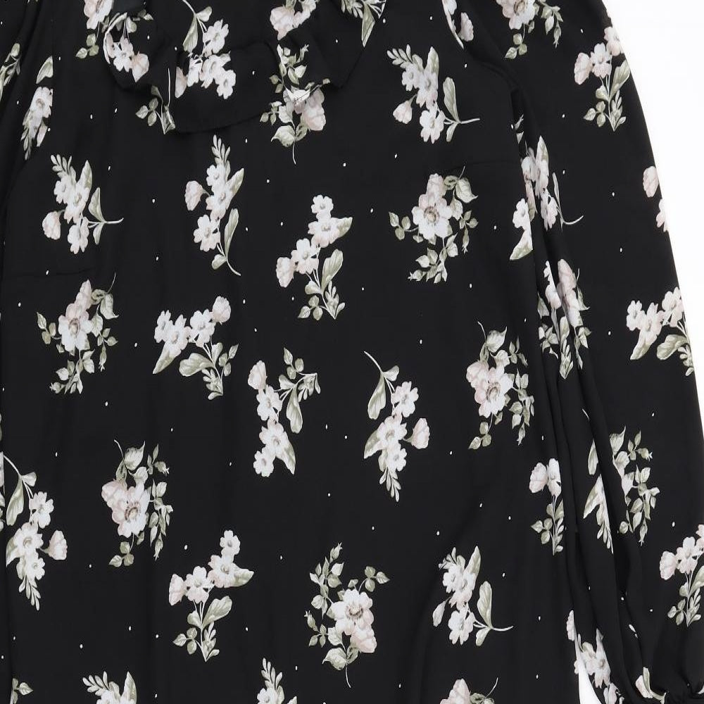 New Look Womens Black Floral Polyester A-Line Size 12 Mock Neck Button