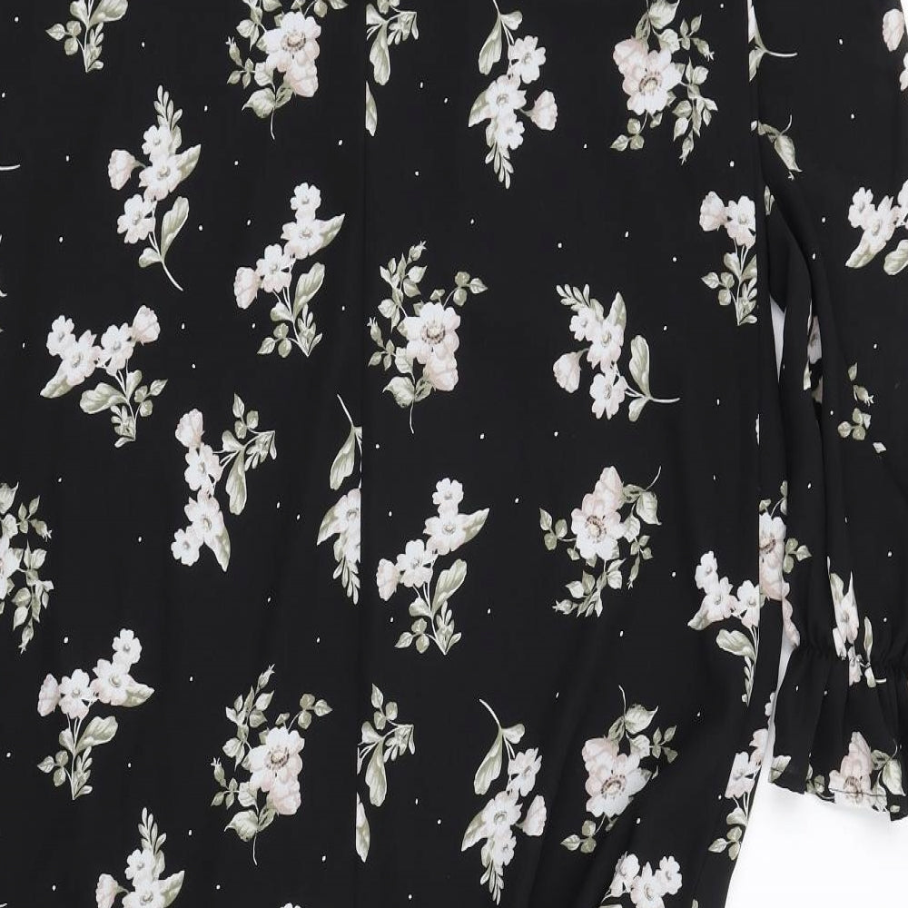 New Look Womens Black Floral Polyester A-Line Size 12 Mock Neck Button