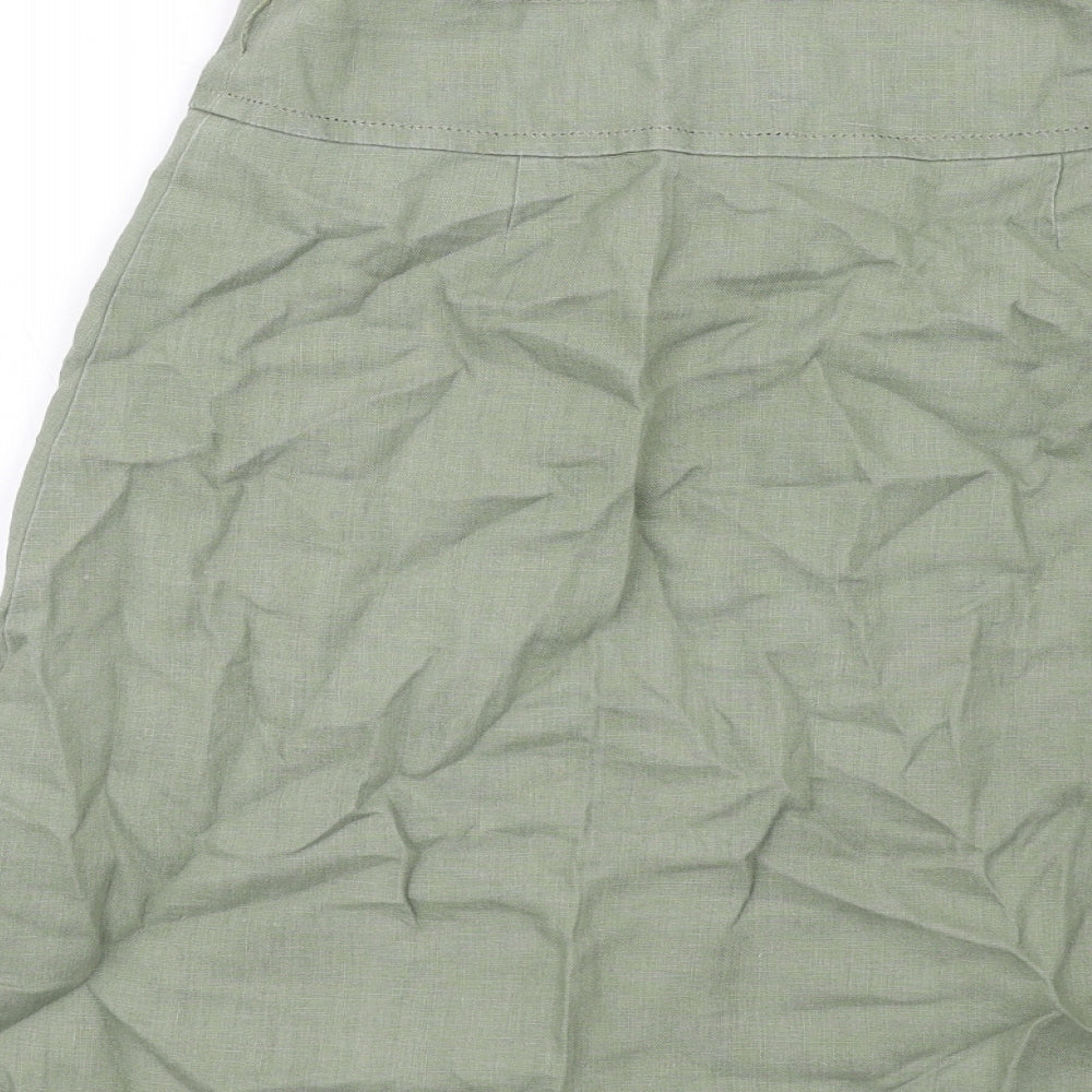White Stuff Womens Green Linen A-Line Skirt Size 10 Button