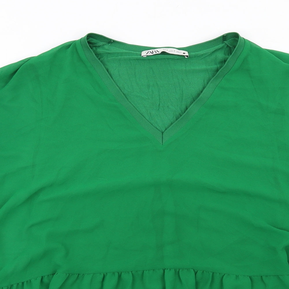 Zara Womens Green Polyester Basic Blouse Size M V-Neck