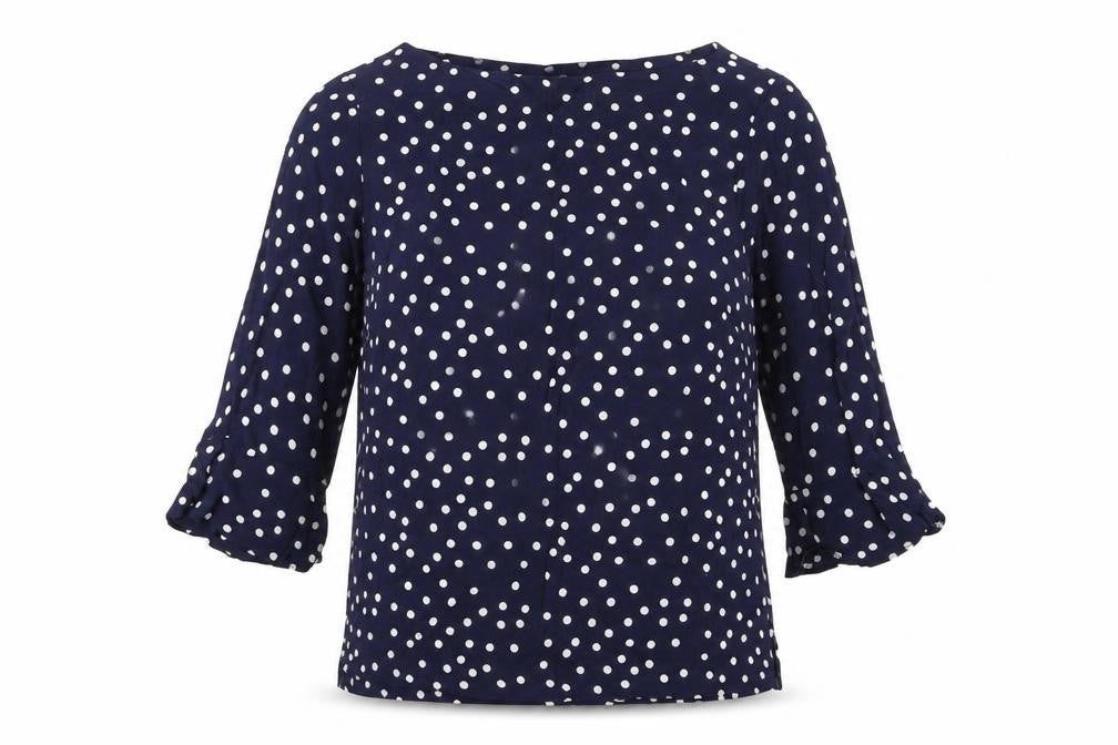 Front view of Mauvette women’s blue polka dot viscose basic t-shirt, size UK 10, boat neck