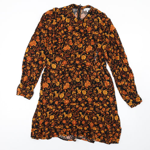 Warehouse Womens Black Floral Viscose A-Line Size 12 Mock Neck Zip