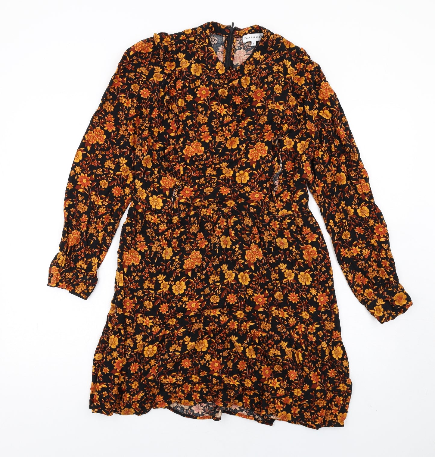 Warehouse Womens Black Floral Viscose A-Line Size 12 Mock Neck Zip