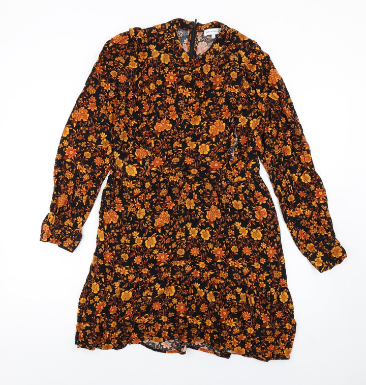 Warehouse Womens Black Floral Viscose A-Line Size 12 Mock Neck Zip