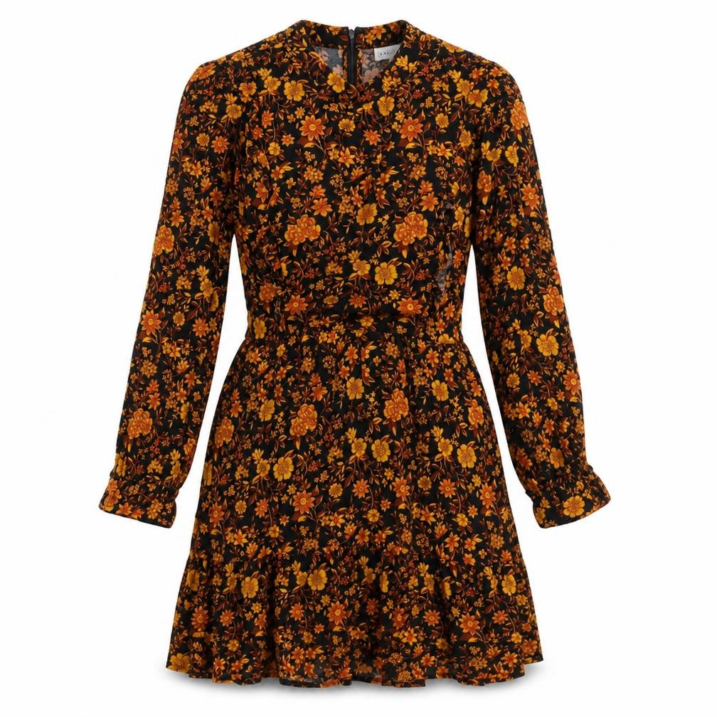 Warehouse Womens Black Floral Viscose A-Line Size 12 Mock Neck Zip