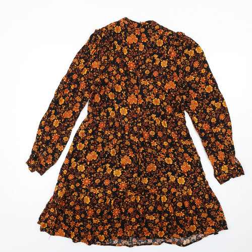 Warehouse Womens Black Floral Viscose A-Line Size 12 Mock Neck Zip