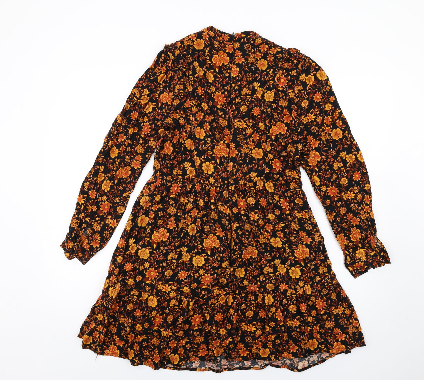 Warehouse Womens Black Floral Viscose A-Line Size 12 Mock Neck Zip