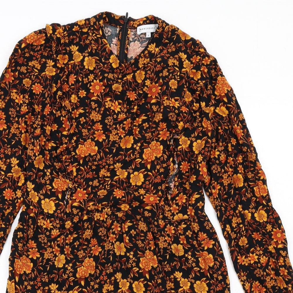 Warehouse Womens Black Floral Viscose A-Line Size 12 Mock Neck Zip