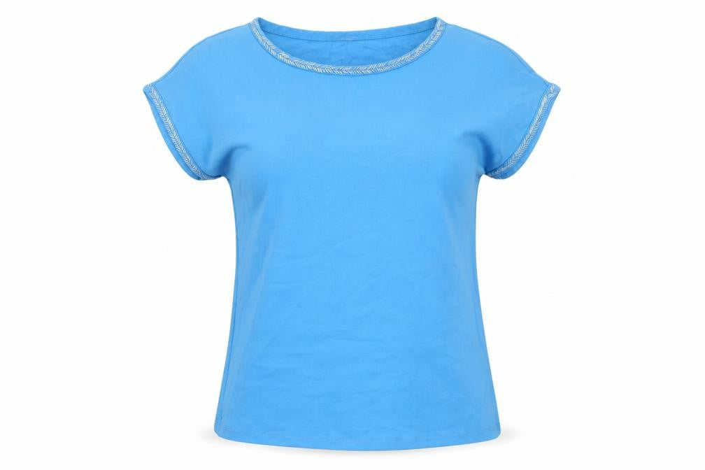 Front view of Ashley Brooke women’s blue polyester basic t-shirt, size UK 12, round neck - beaded trims