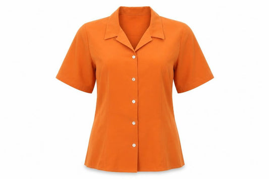 Front view of Jorli women’s orange polyester basic button-up, size UK 18, collared