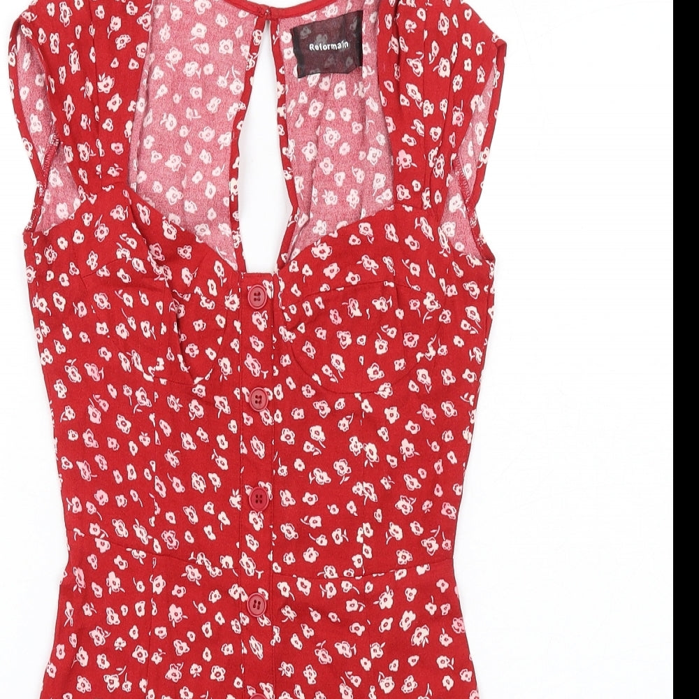 Reformation Womens Red Floral Viscose A-Line Size 4 Square Neck Zip