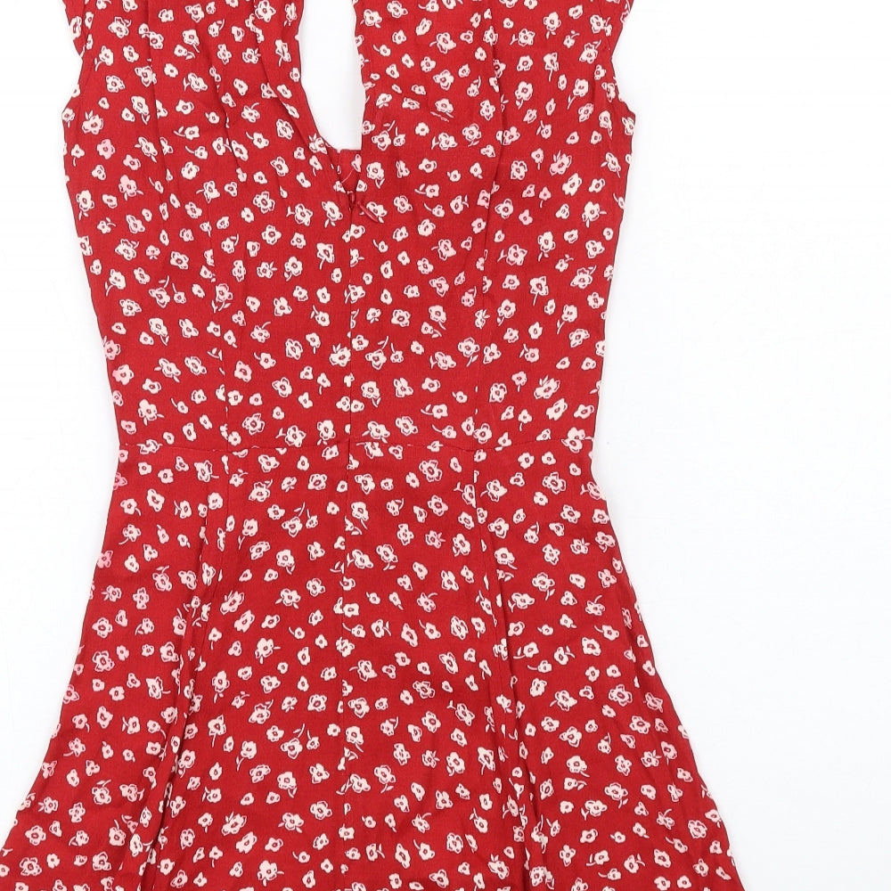 Reformation Womens Red Floral Viscose A-Line Size 4 Square Neck Zip