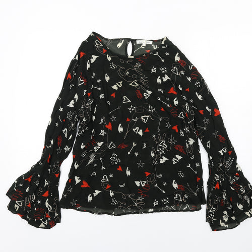 Lily & Lionel Womens Black Geometric Viscose Basic Blouse Size L Round Neck