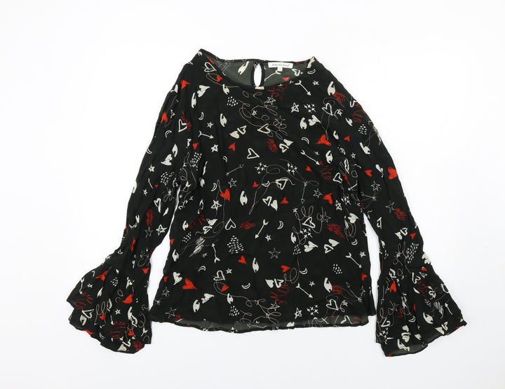 Lily & Lionel Womens Black Geometric Viscose Basic Blouse Size L Round Neck