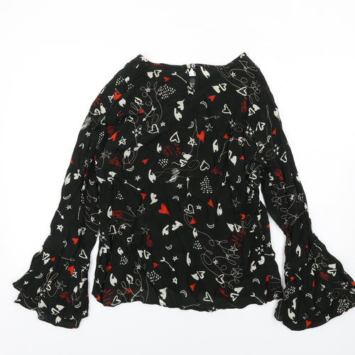 Lily & Lionel Womens Black Geometric Viscose Basic Blouse Size L Round Neck
