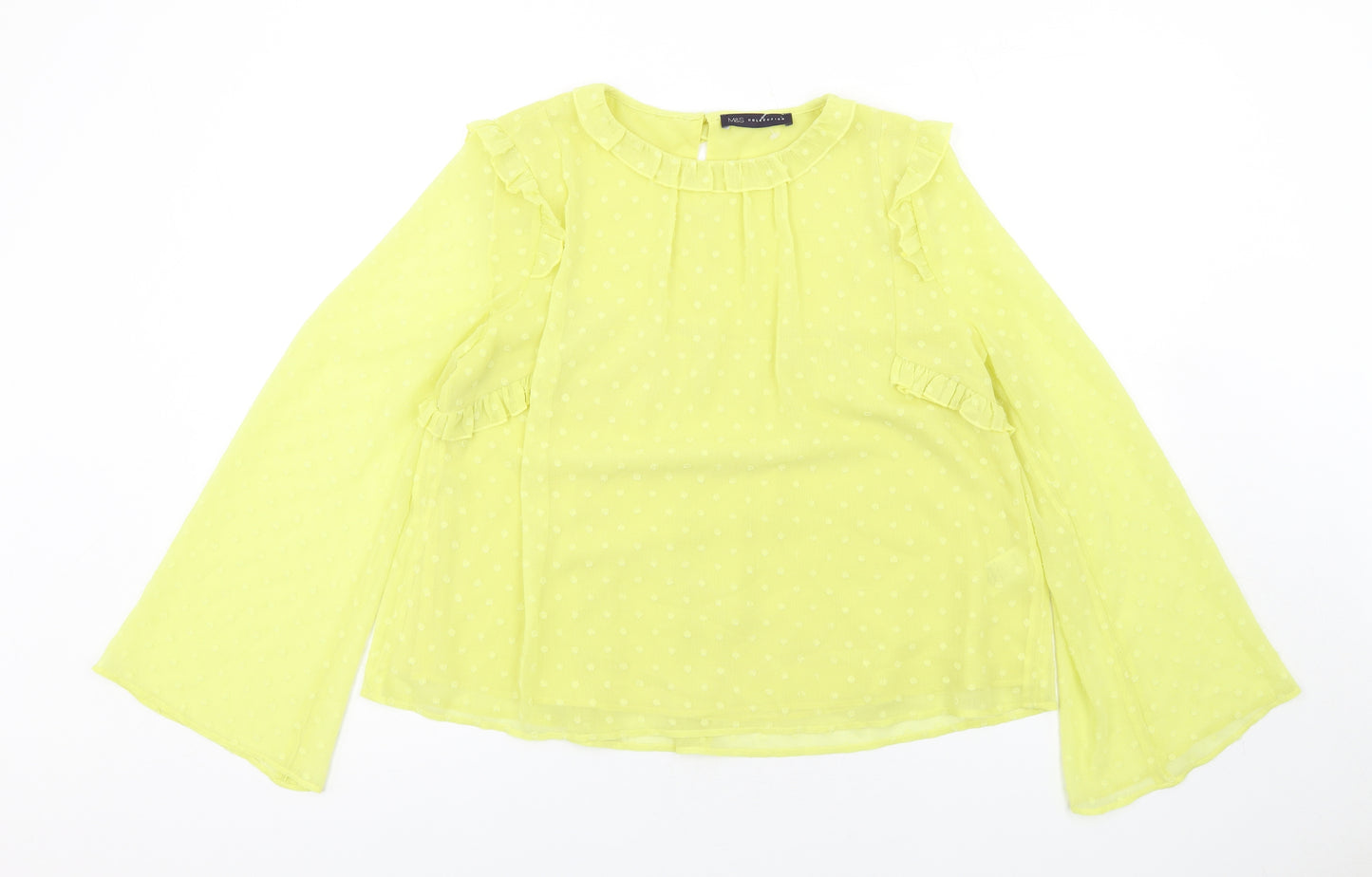 Marks and Spencer Womens Yellow Polyester Basic Blouse Size 10 Round Neck - Ruffle