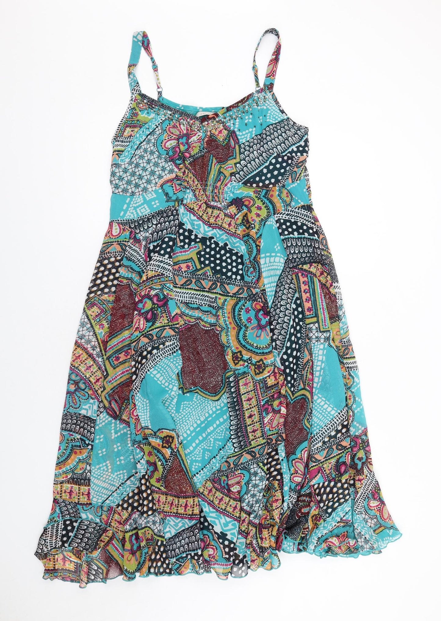 Per Una Womens Multicoloured Geometric Polyester A-Line Size 10 V-Neck Pullover - Beaded Neckline