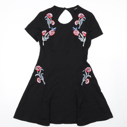 Fallen Star Womens Black Polyester A-Line Size 10 Round Neck Zip - Floral Embroidery