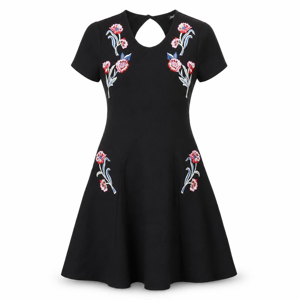 Fallen Star Womens Black Polyester A-Line Size 10 Round Neck Zip - Floral Embroidery