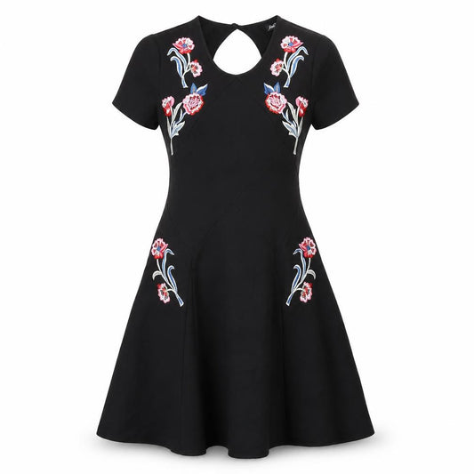 Front view of Fallen Star women’s black polyester a-line, size UK 10, round neck zip - floral embroidery