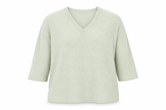 Front view of New Look women’s green v-neck polyester jumper, size M