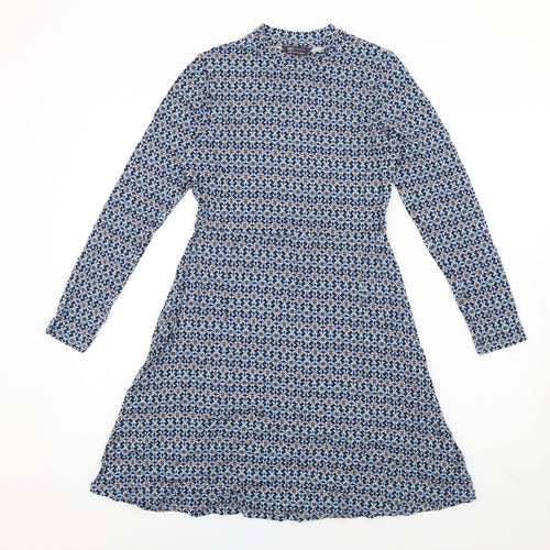Marks and Spencer Womens Blue Geometric Viscose A-Line Size 10 Round Neck Pullover