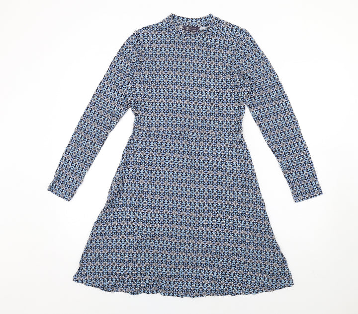 Marks and Spencer Womens Blue Geometric Viscose A-Line Size 10 Round Neck Pullover