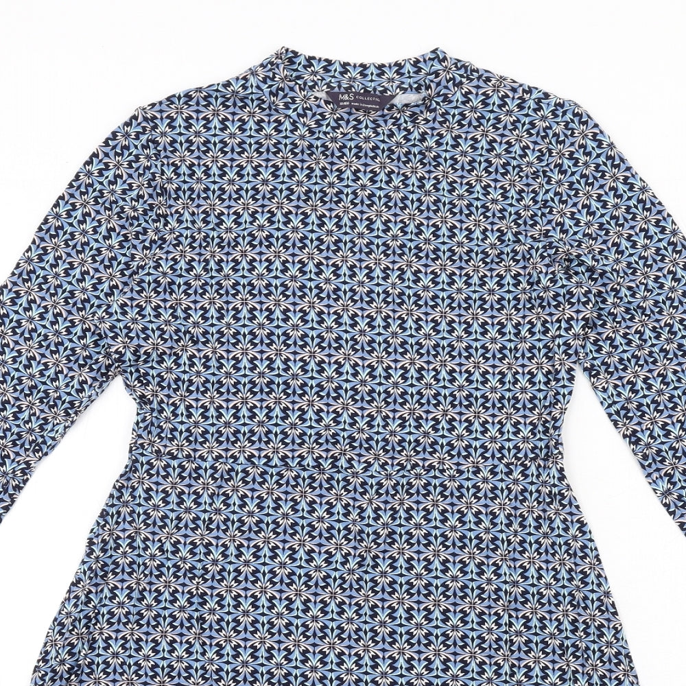 Marks and Spencer Womens Blue Geometric Viscose A-Line Size 10 Round Neck Pullover