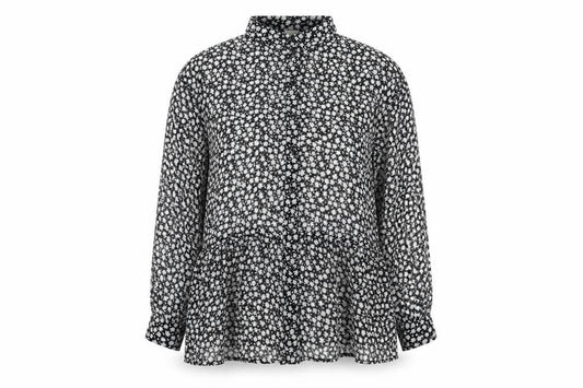Front view of H&M women’s black geometric polyester basic button-up, size UK 8, collared