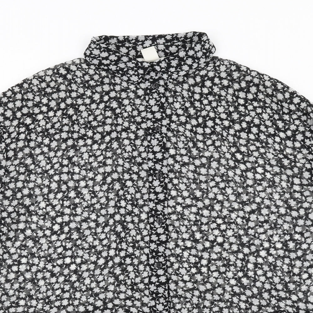 H&M Womens Black Geometric Polyester Basic Button-Up Size 8 Collared