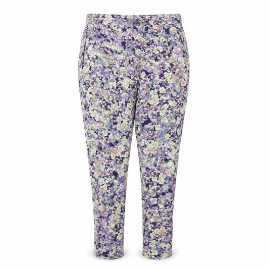 Front view of Warehouse women’s multicoloured floral viscose trousers, size UK 12, 30-inch leg regular drawstring