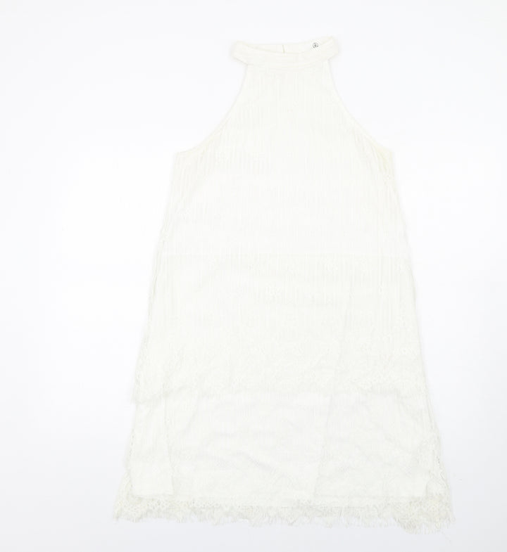 Missguided Womens White Nylon A-Line Size 14 Mock Neck Button