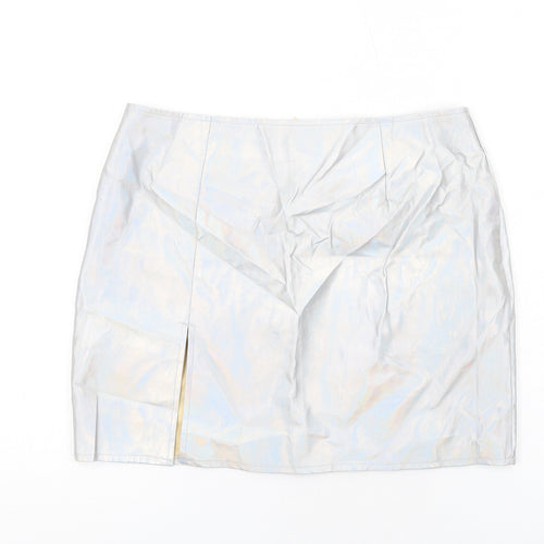 Boohoo Womens Silver Polyurethane Mini Skirt Size 14 Zip - Holographic Leather Style