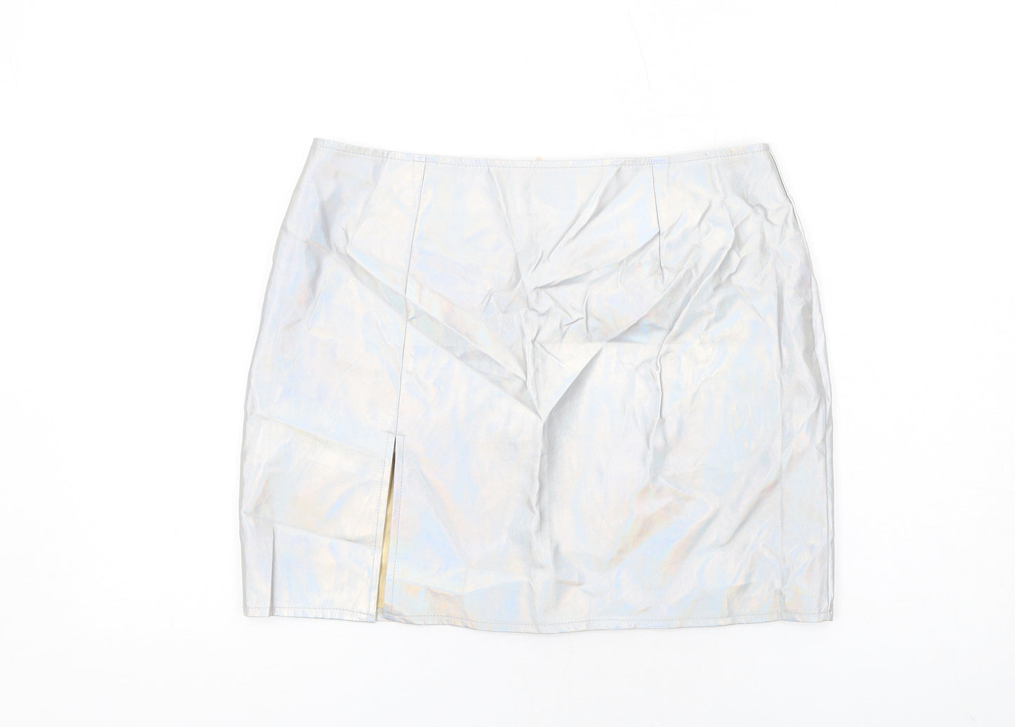 Boohoo Womens Silver Polyurethane Mini Skirt Size 14 Zip - Holographic Leather Style