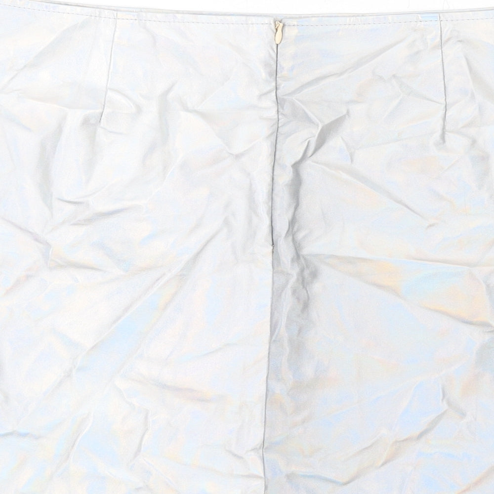 Boohoo Womens Silver Polyurethane Mini Skirt Size 14 Zip - Holographic Leather Style