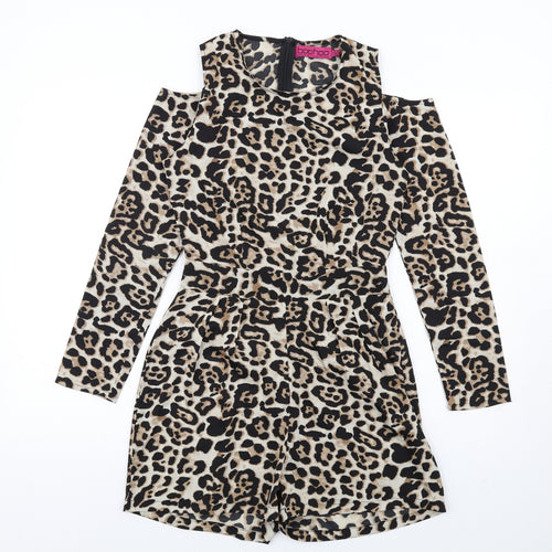 Boohoo Womens Brown Animal Print Polyester Playsuit One-Piece Size 6 Zip - Leopard Print Cold Shoulder