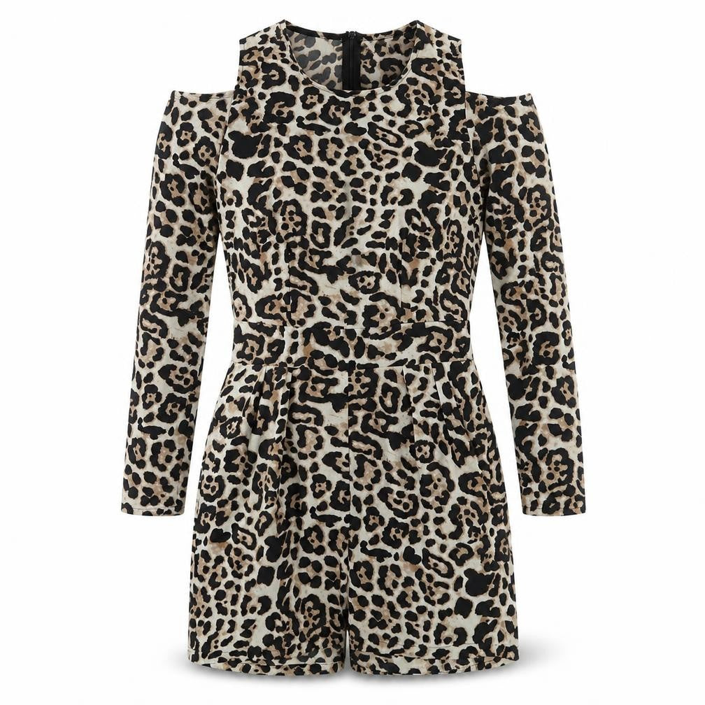Boohoo Womens Brown Animal Print Polyester Playsuit One-Piece Size 6 Zip - Leopard Print Cold Shoulder