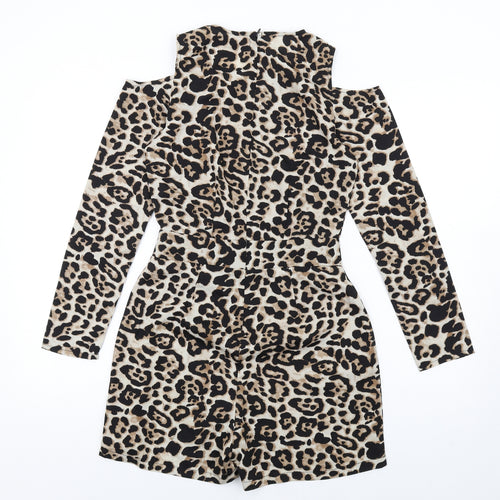Boohoo Womens Brown Animal Print Polyester Playsuit One-Piece Size 6 Zip - Leopard Print Cold Shoulder