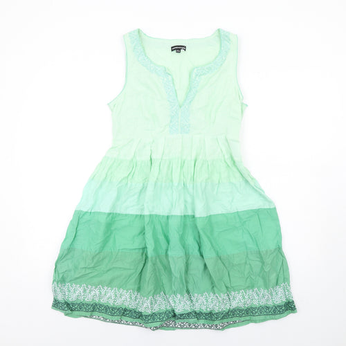 Warehouse Womens Green Cotton A-Line Size 12 V-Neck Zip - Colour Gradient Embroidered