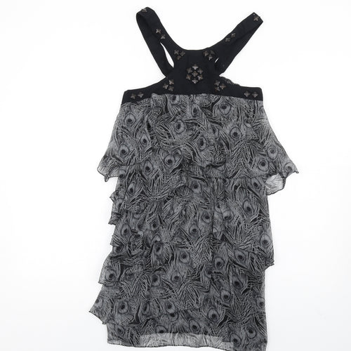VERO MODA Womens Grey Animal Print Polyester A-Line Size S Scoop Neck Button - Peacock Feather Print