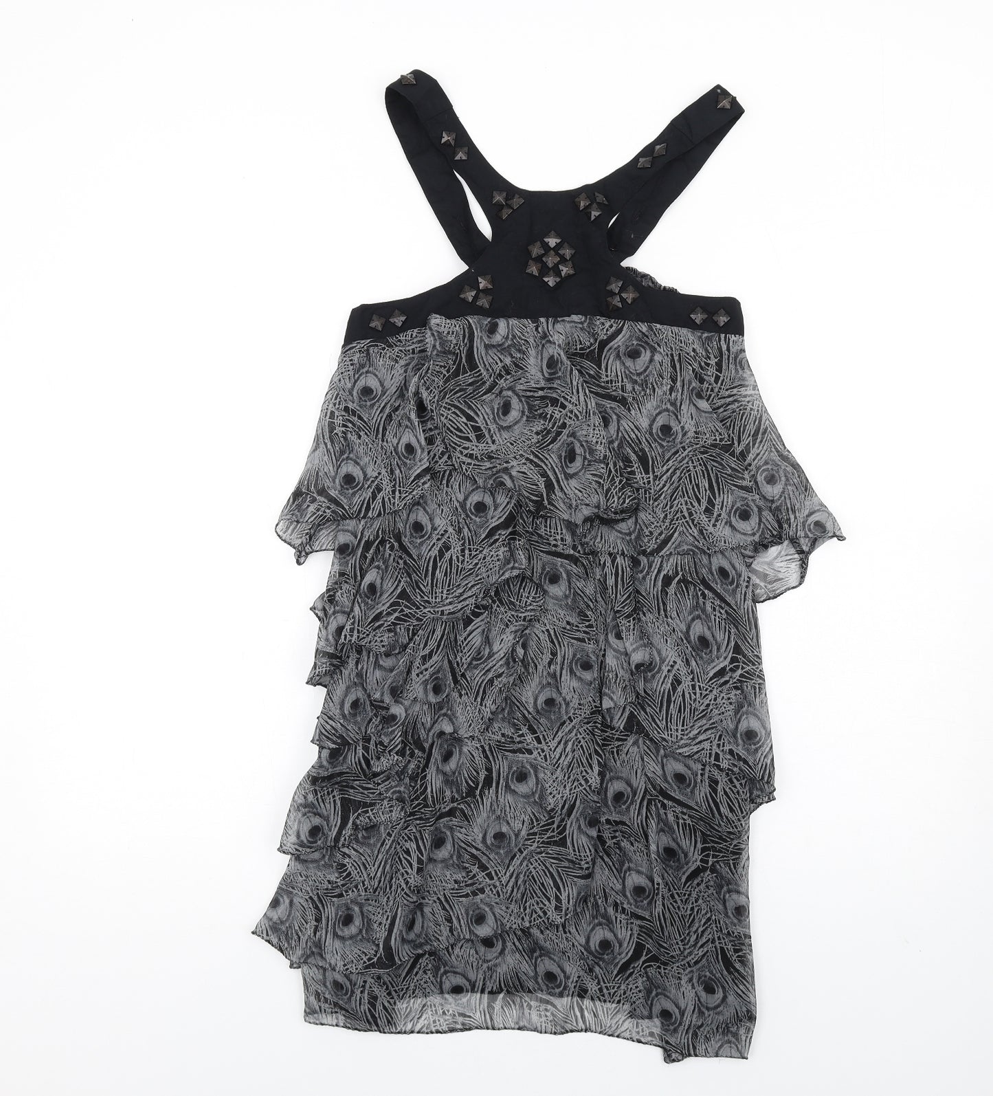 VERO MODA Womens Grey Animal Print Polyester A-Line Size S Scoop Neck Button - Peacock Feather Print