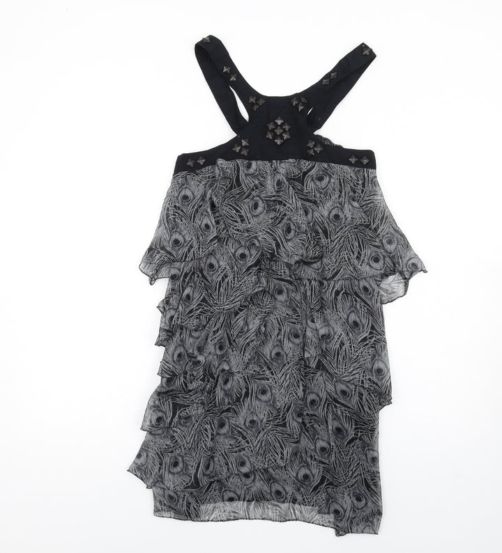 VERO MODA Womens Grey Animal Print Polyester A-Line Size S Scoop Neck Button - Peacock Feather Print