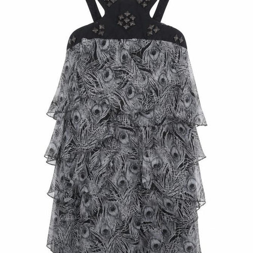 VERO MODA Womens Grey Animal Print Polyester A-Line Size S Scoop Neck Button - Peacock Feather Print