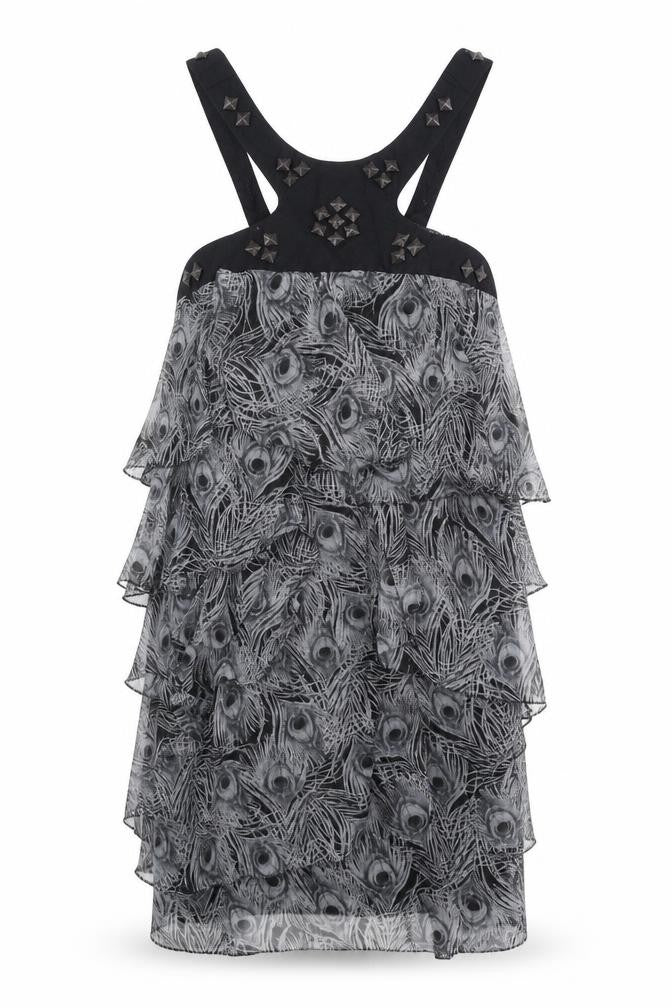 VERO MODA Womens Grey Animal Print Polyester A-Line Size S Scoop Neck Button - Peacock Feather Print
