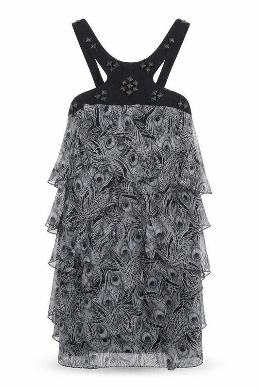 Front view of Vero Moda women’s grey animal print polyester a-line, size S, scoop neck button - peacock feather print